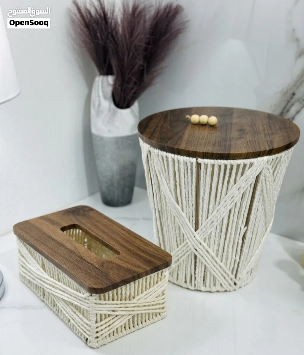 Luxury Wooden &amp; Macrame Cotton Rope Tissue Box and Trash Can Set