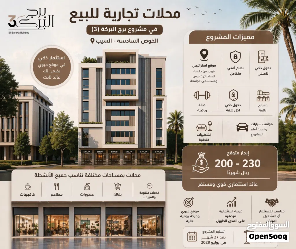 محلات للبيع في الخوض 6  تبدأ من 27,500  دخل شهري 200–230 ريال